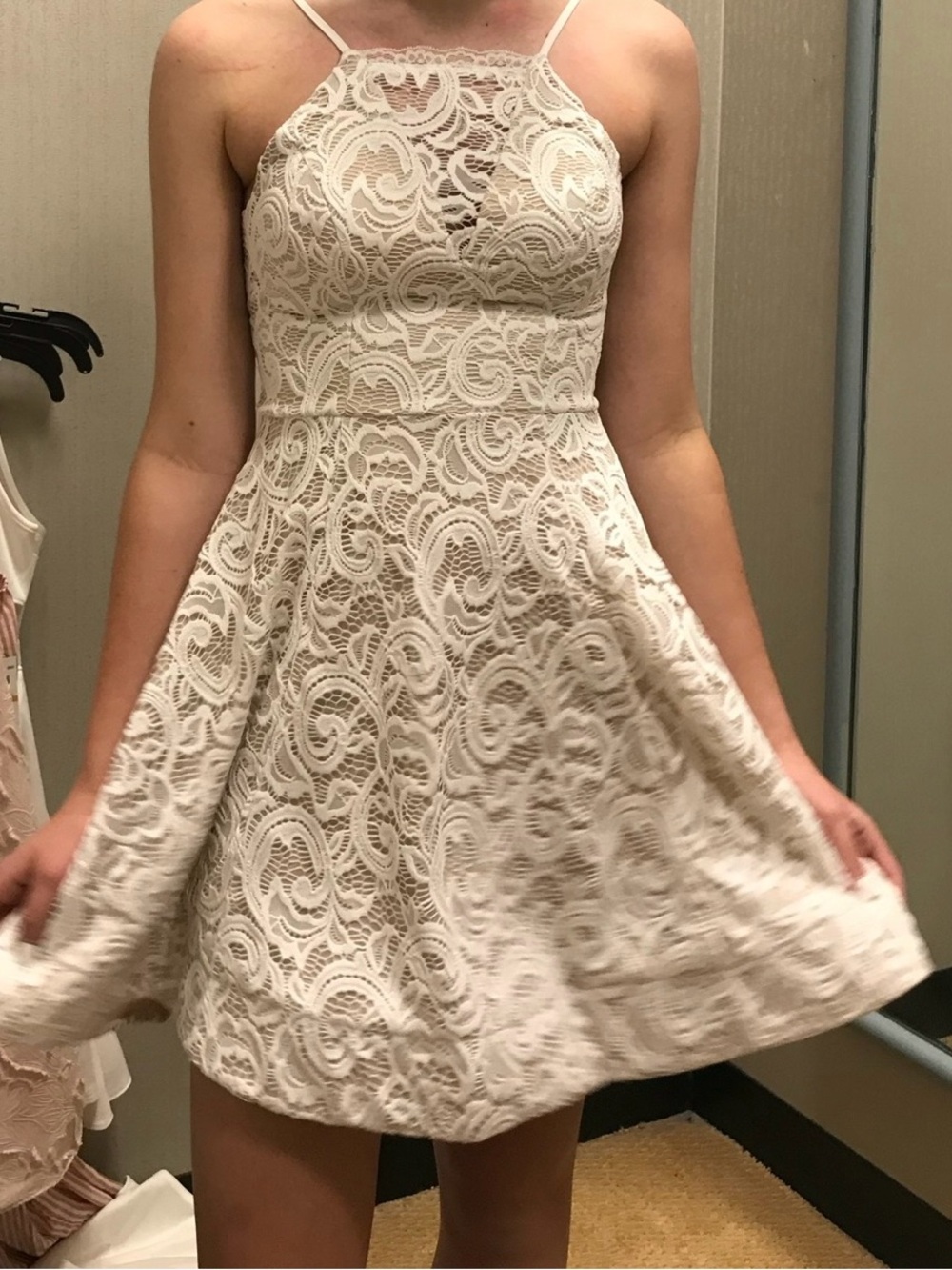 Sequin Hearts: white and cream lace dress